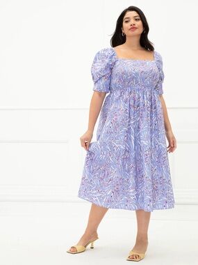 ELOQUII Zebra Print Floral Puff-Sleeve Midi Dress